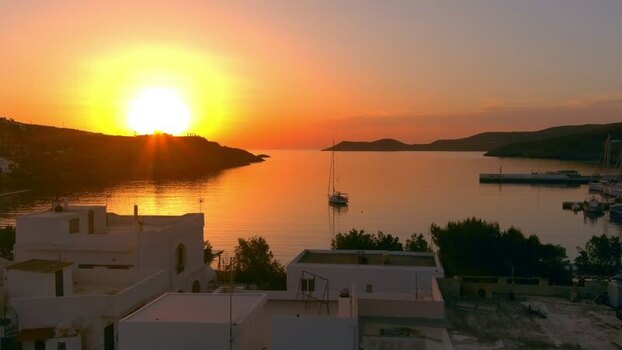 Aerial view of sunset over a bay in Greece. Aerial view of sunset over a bay in Greece.