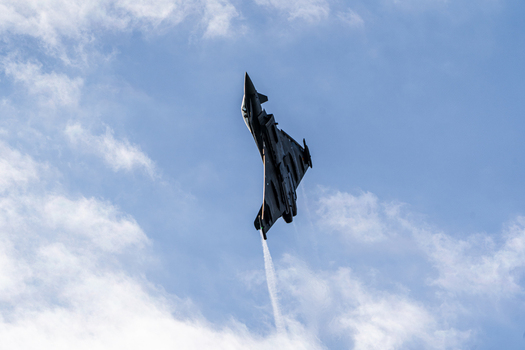 Berlin Germany 13 June 2026 View of Eurofighter Typhoon performing an aerial maneuver at the ILA Berlin Air Show against a blue sky. Berlin Germany 13 June 2026 View of Eurofighter Typhoon performing an aerial maneuver at the ILA Berlin Air Show against a blue sky.