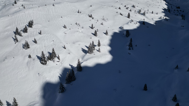Aerial view of a snow covered landscape dotted with dark green trees and stark shadows creating a dramatic winter scene Samoëns Auvergne Rhône Alpes France. Aerial view of a snow covered landscape dotted with dark green trees and stark shadows creating a dramatic winter scene Samoëns Auvergne Rhône Alpes France.