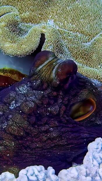 View of a purple octopus near coral Indonesia. View of a purple octopus near coral Indonesia.