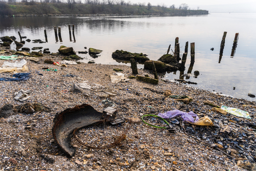 View of the polluted shoreline of Lake Varna with plastic waste discarded tire and wooden posts protruding from the water in Varna Bulgaria. View of the polluted shoreline of Lake Varna with plastic waste discarded tire and wooden posts protruding from the water in Varna Bulgaria.