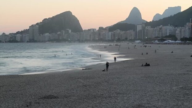 View of Copacabana Beach at dusk in Rio de Janeiro Brazil.
