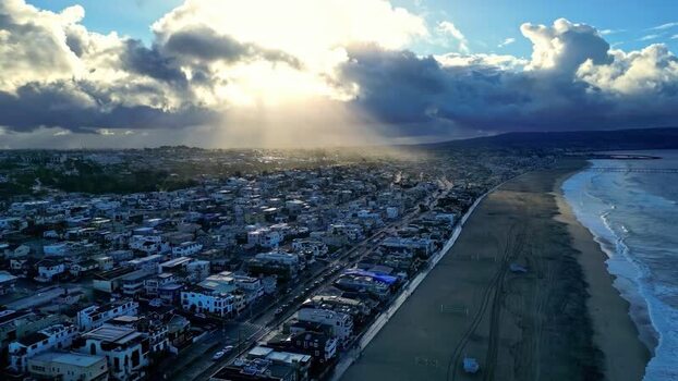 Aerial view of Los Angeles coastline at sunset United States.