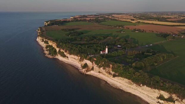 Aerial view of Stevns Klint and lighthouse Denmark.