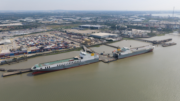Purfleet on Thames England United Kingdom 10 July 2026 Aerial view of Purfleet Container Terminal with cargo ships docked at the pier container storage and industrial infrastructure.