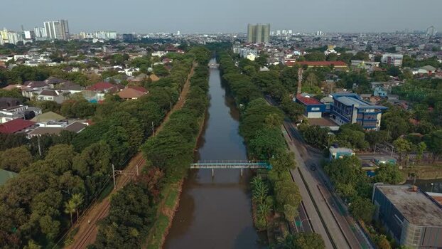 Aerial view of canal in Jakarta Indonesia.