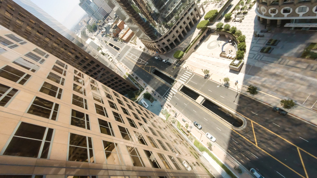 Aerial view of the skyscrapers and urban streets of Downtown Los Angeles California United States.