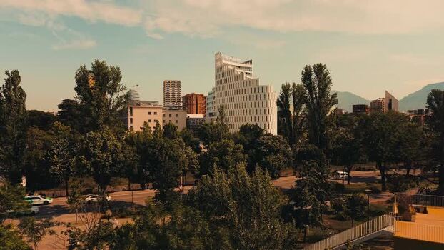 Aerial view of modern architecture and city skyline in Tirane Albania.