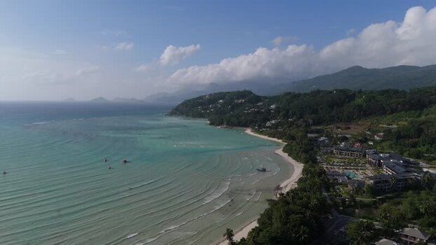 Aerial view of Mahe coastline and resort Seychelles.