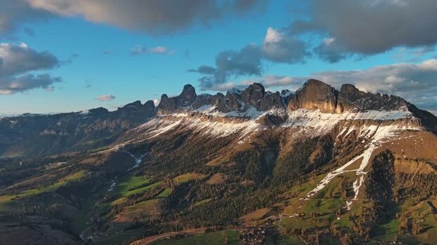 Aerial view of Dolomite Mountains in Canazei Italy.