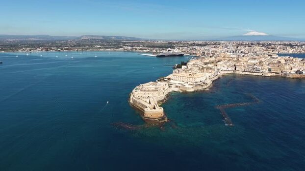 Aerial view of Castello Maniace and Ortigia island Italy.
