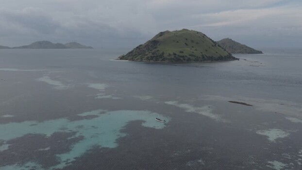 Aerial view of Komodo Island and surrounding waters Indonesia.