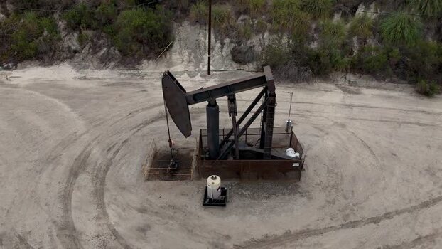 Aerial view of oil pump jack in Baldwin Hills United States.