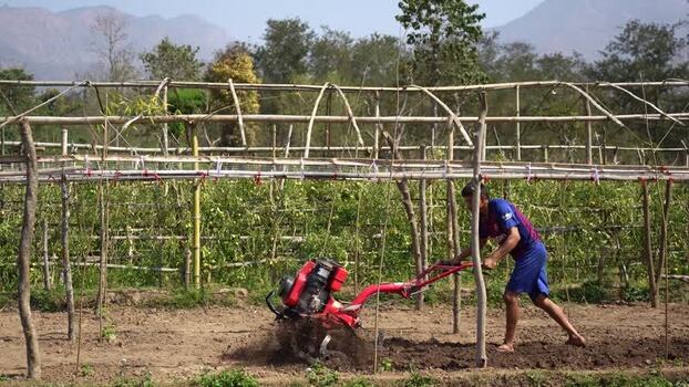 View of a farmer using a motorized tiller in a field Nepal. View of a farmer using a motorized tiller in a field Nepal.