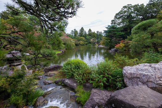 View of a serene pond reflecting the sky embraced by lush greenery and textured rocks creating a tranquil scene in Narita Chiba Japan. View of a serene pond reflecting the sky embraced by lush greenery and textured rocks creating a tranquil scene in Narita Chiba Japan.