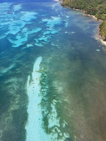 Aerial view of the vibrant turquoise coral reefs and crystal clear waters along the lush tropical coastline of Guanaja Bay Islands Department Honduras. Aerial view of the vibrant turquoise coral reefs and crystal clear waters along the lush tropical coastline of Guanaja Bay Islands Department Honduras.