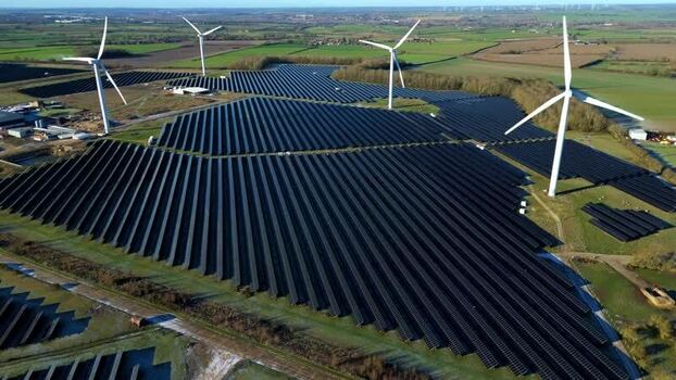 Aerial view of Chelveston Wind Farm United Kingdom.