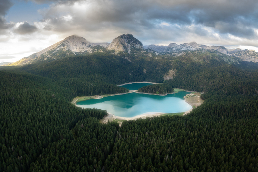 Aerial view of Crno Jezero surrounded by dense pine forests and dramatic mountain peaks under a cloudy sky in Zabljak Zabljak Municipality Montenegro. Aerial view of Crno Jezero surrounded by dense pine forests and dramatic mountain peaks under a cloudy sky in Zabljak Zabljak Municipality Montenegro.