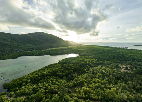 Aerial view of sunlight piercing through clouds over the mangrove forest casting shadows on the lush greenery meeting the turquoise waters Karimunjawa Central Java Indonesia.