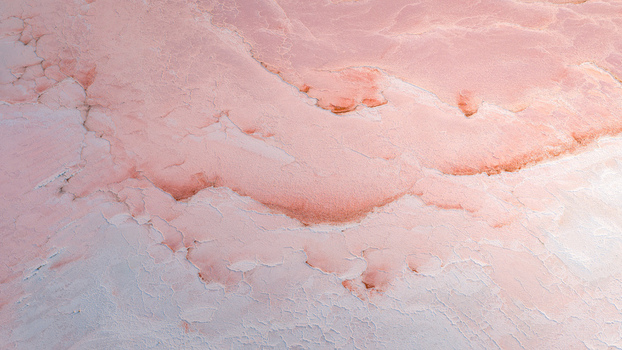 Aerial view of cracked pink salt crust and pale mineral layers forming an intricate organic pattern in France. Aerial view of cracked pink salt crust and pale mineral layers forming an intricate organic pattern in France.