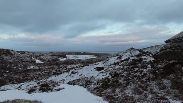 Aerial view of snowy Lofoten landscape in Vagan Municipality Norway.