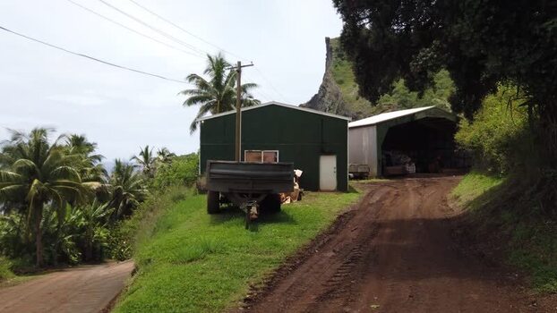 View of buildings and dirt road Pitcairn Islands.