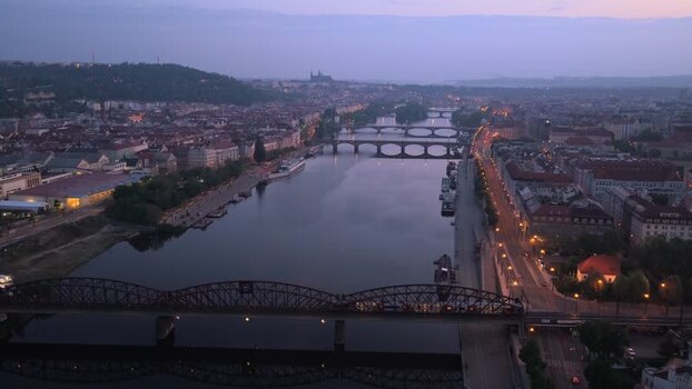 Aerial view of Vltava River and historic bridges in Prague Czechia. Aerial view of Vltava River and historic bridges in Prague Czechia.