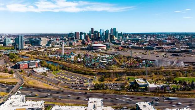 Aerial view of Denver skyline and amusement park United States. Aerial view of Denver skyline and amusement park United States.