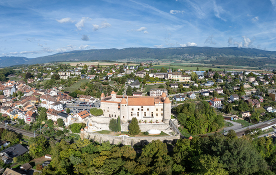Aerial view of the historic Chateau de Grandson surrounded by lush greenery residential rooftops and rolling hills in Grandson Vaud Switzerland.