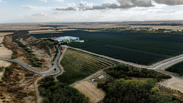 Aerial view of the Deuric winery and extensive fruit orchards surrounded by rolling hills vineyards and agricultural fields in Mala Remeta Vojvodina Serbia. Aerial view of the Deuric winery and extensive fruit orchards surrounded by rolling hills vineyards and agricultural fields in Mala Remeta Vojvodina Serbia.