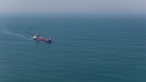Aerial view of cargo ship on the sea Portugal.