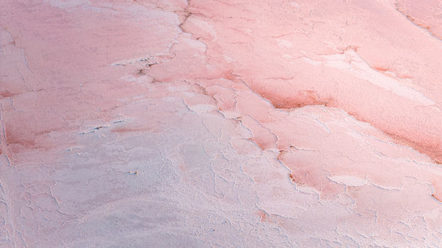 Aerial view of cracked pink salt crust and pale mineral layers forming an intricate organic pattern in France. Aerial view of cracked pink salt crust and pale mineral layers forming an intricate organic pattern in France.