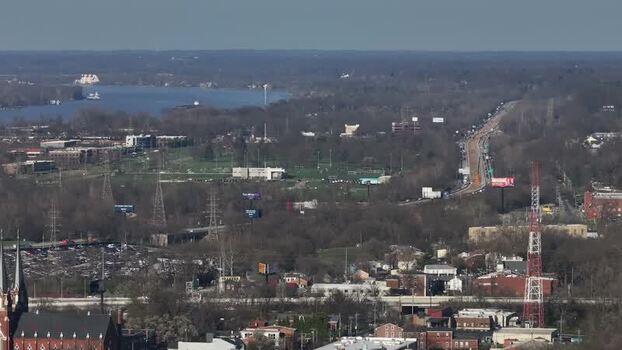 Aerial view of the Ohio River and Louisville suburbs United States.