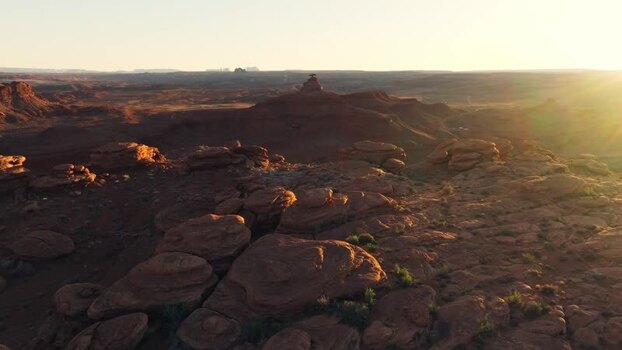 Aerial view of red rock formations and desert landscape United States.