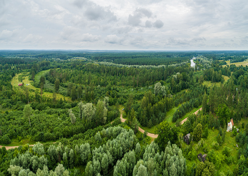 Aerial view of a lush green forest landscape featuring a winding dirt road dense woodland and a river flowing through the countryside Latvia. Aerial view of a lush green forest landscape featuring a winding dirt road dense woodland and a river flowing through the countryside Latvia.