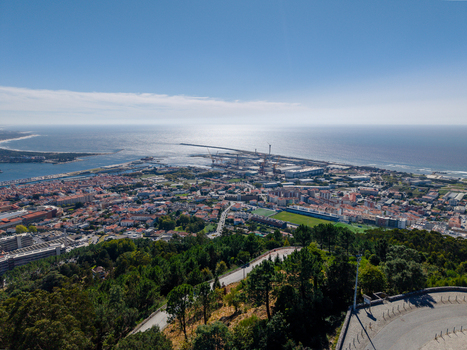 Aerial view of the coastal city of Viana do Castelo with its urban center harbor and Atlantic coastline seen from Monte de Santa Luzia in Viana do Castelo Viana do Castelo Dist Portugal. Aerial view of the coastal city of Viana do Castelo with its urban center harbor and Atlantic coastline seen from Monte de Santa Luzia in Viana do Castelo Viana do Castelo Dist Portugal.
