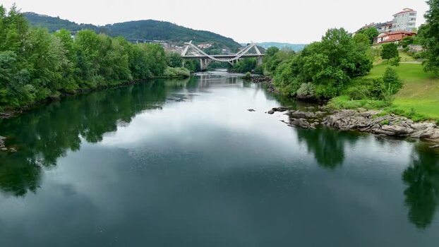 Aerial view of the modern Ponte do Milenio bridge over the Minho River Spain.
