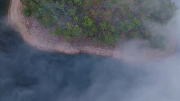 Aerial view of Kangaroo Creek Reservoir with fog and trees Australia. Aerial view of Kangaroo Creek Reservoir with fog and trees Australia.