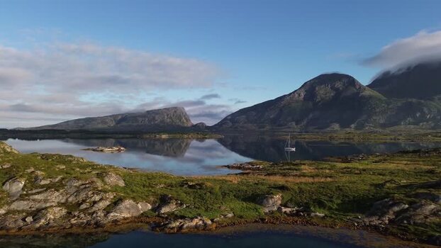 Aerial view of Senja mountains and fjord Norway.