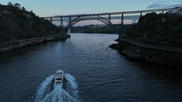 Aerial view of boat in Douro river Portugal. Aerial view of boat in Douro river Portugal.