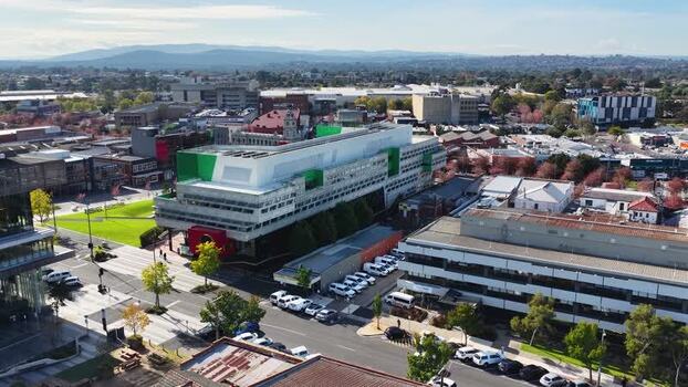 Aerial view of Dandenong Civic Centre and urban landscape Australia.