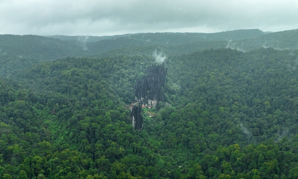 Aerial view of the unique karst rock formations of Yana Caves rising above the dense lush green forest canopy in the Western Ghats of Yana Karnataka India.
