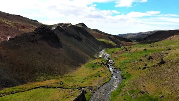Aerial view of Grensdalur valley and river Iceland. Aerial view of Grensdalur valley and river Iceland.
