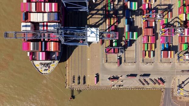 Aerial view of Port of Felixstowe cranes United Kingdom.