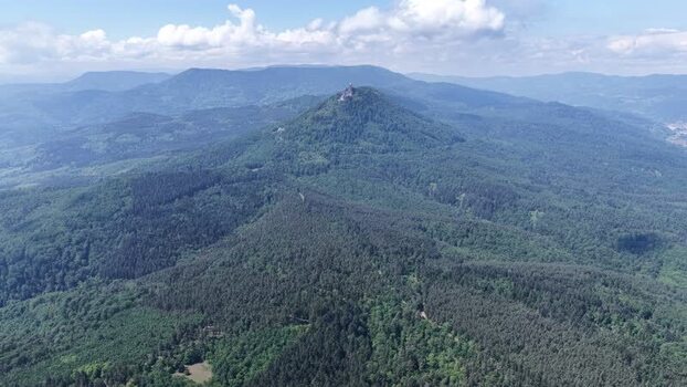 Aerial view of Haut Koenigsbourg Castle and Vosges mountains France.