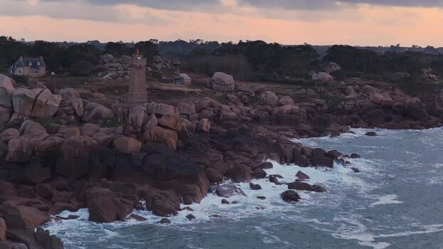 Aerial view of Phare de Men Ruz in Perros Guirec France.