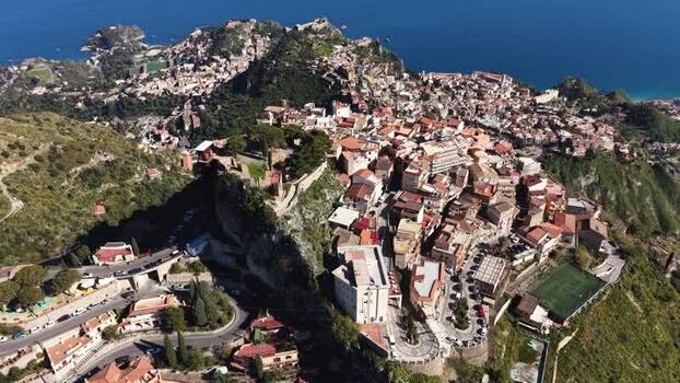 Aerial view of the hilltop village of Castelmola Italy. Aerial view of the hilltop village of Castelmola Italy.