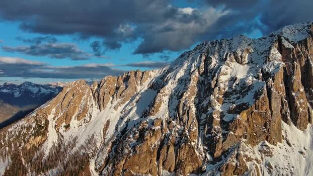 Aerial view of Dolomite Mountains in winter Italy.