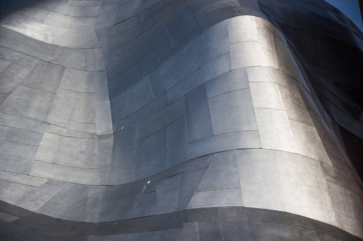 View of the metallic wavy panelled exterior of the Museum of Pop Culture in Seattle Washington United States.
