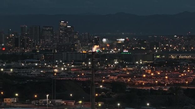 Aerial view of Suncor Energy refinery at night United States.